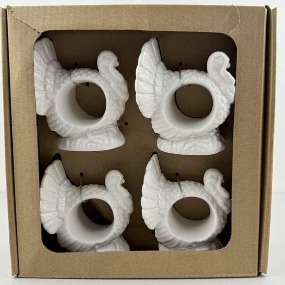Pottery Barn Turkey Napkin Rings Set of 4 White Ceramic Thanksgiving Table Decor - Picture 6 of 6